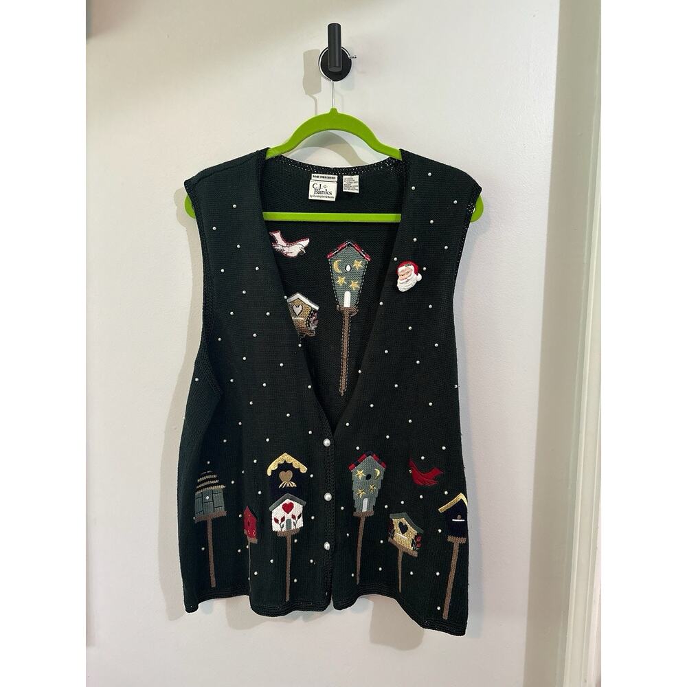 Vintage Christopher Banks Vest 1x Embroidered Cardinals Pearls Christmas Sweater